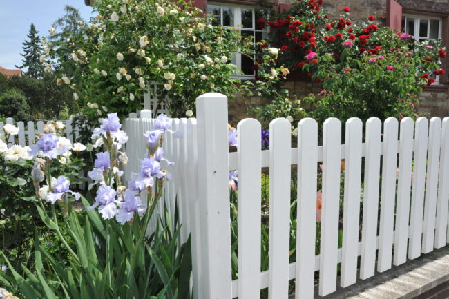 A white picket fence surrounds a garden with blooming flowers and vibrant greenery on a sunny day.